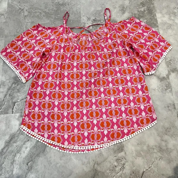 Charming Charlie Pink Orange & White Floral Print Off‎ the Shoulder Y2K M - Image 4