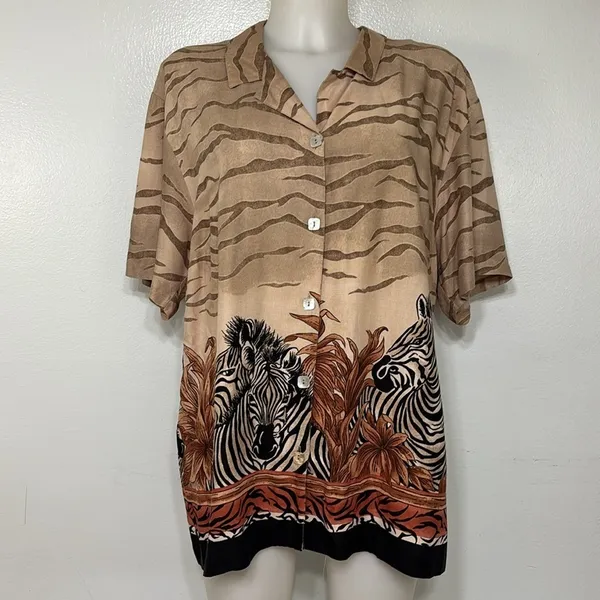 Teddi Rayon Safari Zebra Print Women’s Button Down Shirt Brown and Black Size XL - Image 2