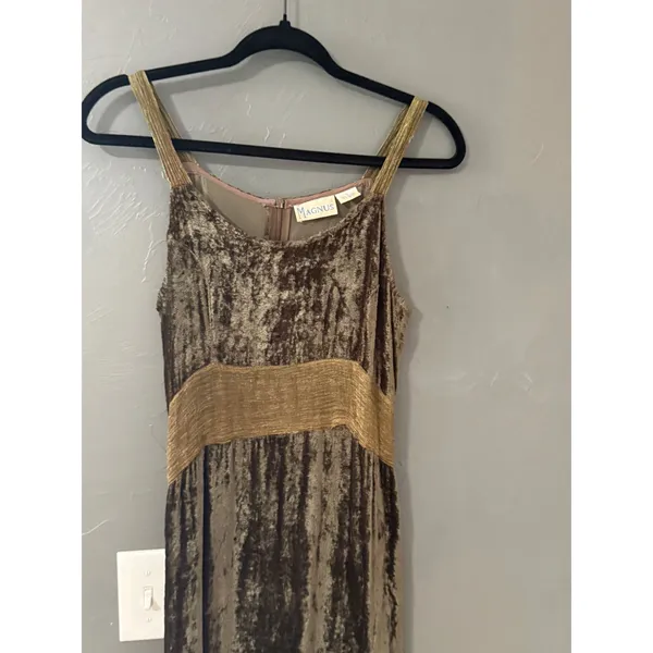 Renaissance Magnus Vintage 90s Crushed Velvet Maxi Dress Brown Gold Goblin‎ L - Image 3