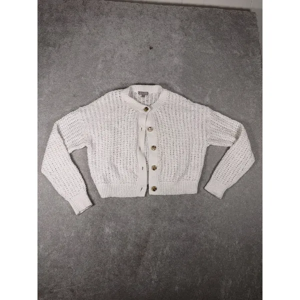 J Crew Sweater Womens XL White Cropped Cardigan Textured Pointelle‎ Coastal Chic - Image 3
