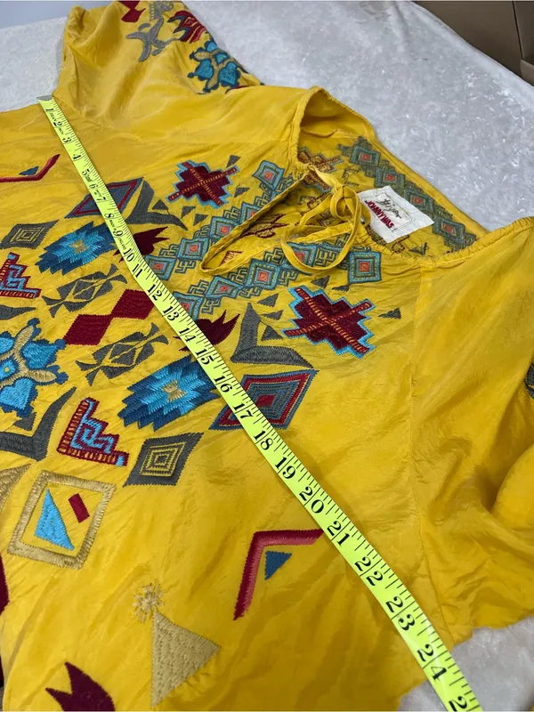Biya Johnny Was golden Yellow Embroidered Boho long sleeve Top L blouse geometri - Image 4