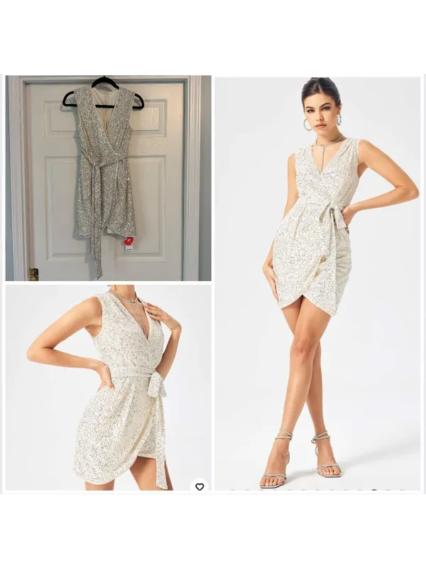 New Women's Cider Dress Size S Silver White Sequin Wrap Mini Party - Image 2