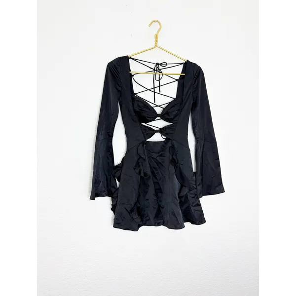 Oh Polly Adria Long Sleeve Bow Mini Dress Size 2 Black Satin Ruffle Lace Up Back - Image 4