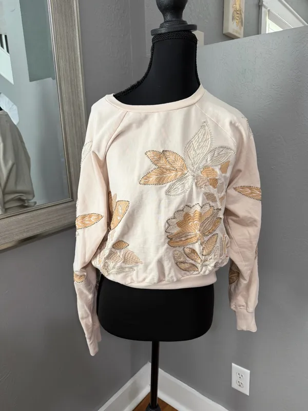 Anthropologie beaded floral embroidered cottage-core romantic sweatshirt XXS - Image 2
