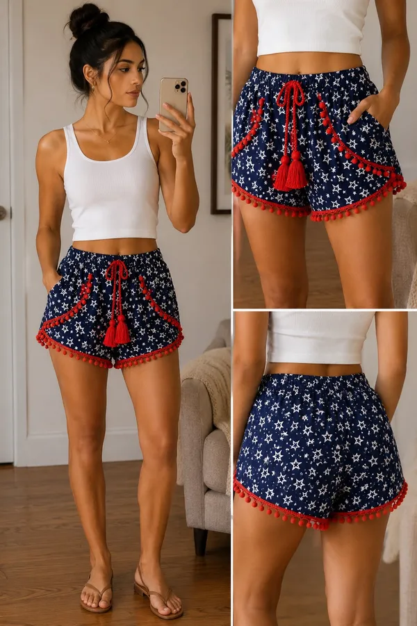 Boutique NWT Star Print Pom Pom Shorts / July 4th World Cup / Size Small - Image 2