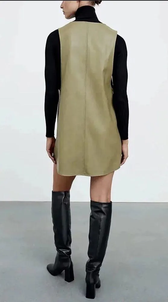 ZARA Mini PINAFORE FAUX LEATHER A-LINE V-Neck DRESS W/ BUTTONS Green SIZE S NEW - Image 9