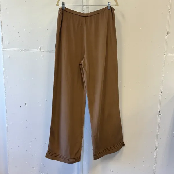 Vintage Soft Surroundings Brown 100% Silk Wide Leg Pants Pintuck Hem Size Large - Image 2