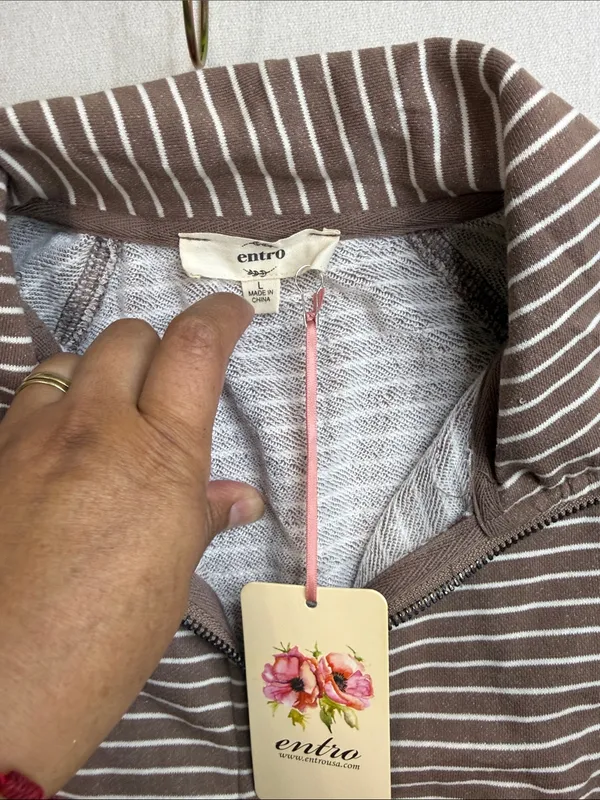 entro Taupe & White Striped Half-Zip Romper - Image 2