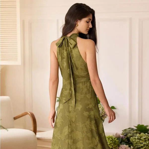 RIHOAS The Green Jacquard Ruched Halter Midi Dress L 76 - Image 5