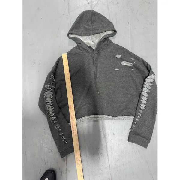 PacSun Distressed Cropped Hoodie Charcoal Gray Shredded Sleeve Streetwear Pullover - Image 3