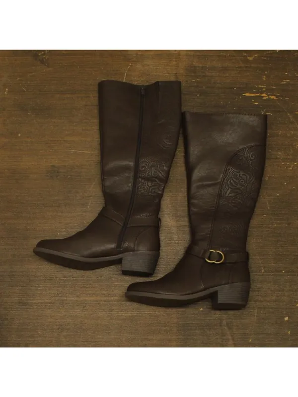 NEW Easy Street Knee High Cowgirl Riding Boots Brown / Brown Embossed 9.5M - Image 2