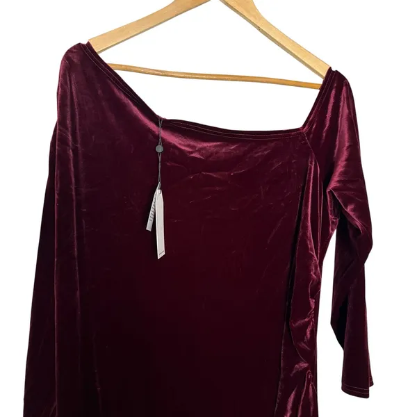 Universal Standard Wine Red Velvet Asymmetrical Off Shoulder Long Sleeve Dress L - Image 7