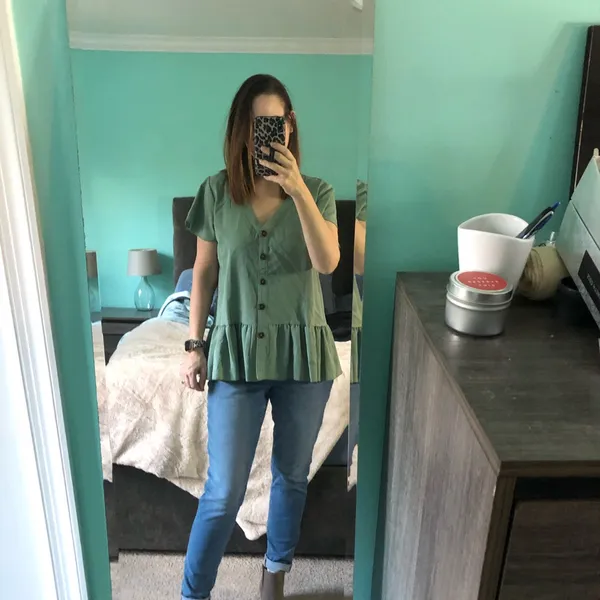 Sage Green Peplum Button‎ Down V-Neck Short Sleeve Top Blouse Womens - Image 3