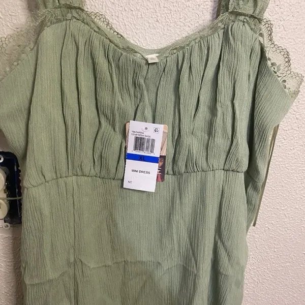 NWT Women’s Sage Green Mini Dress Lace Strap Boho Sundress - Image 2