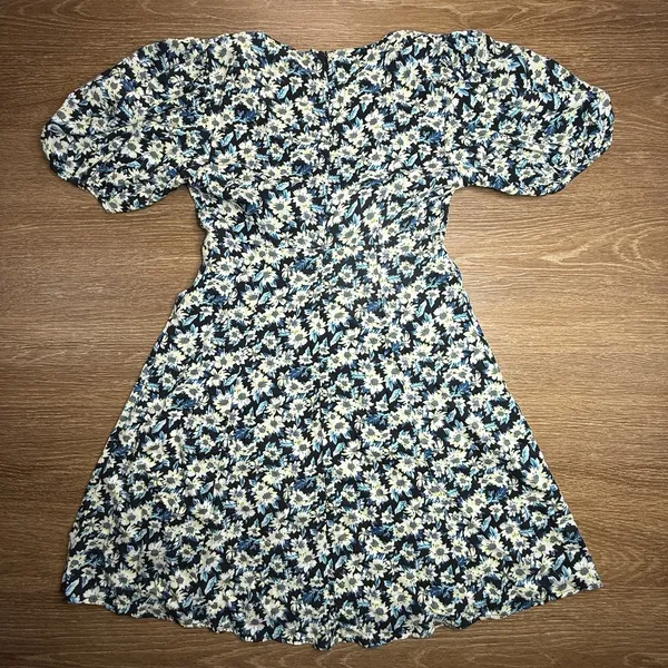 Motel Floral Mini Dress Womens XS Blue Black Puff Sleeve Ruched Cottagecore EUC - Image 7