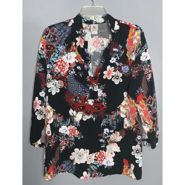 Natori Black Multicolor Oriental & Floral V-Neck 3/4 Sleeves Lightweight Tunic M - Image 4