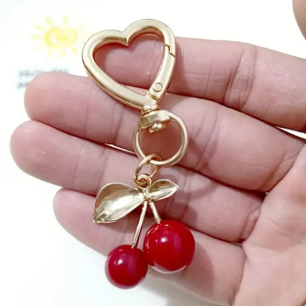Stylish Gold Heart Cherry Theme Alloy Cherry Keychain with‎ Heart Clip - Image 2