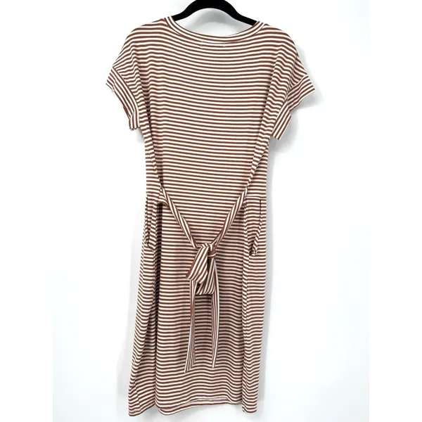 MEROKEETY Striped Sheath T-Shirt Dress M • Brown White • Tie Waist • Summer • NW - Image 2