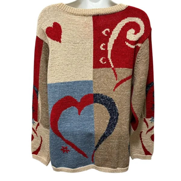 VTG Coldwater Creek Hearts Button Up Patchwork Cardigan Sweater Sz XL Grandma - Image 3