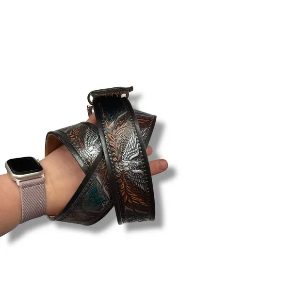 Vintage Tooled Leather Eagle Belt Full Grain Cowhide Western‎ Multi Color 5520 - Image 3