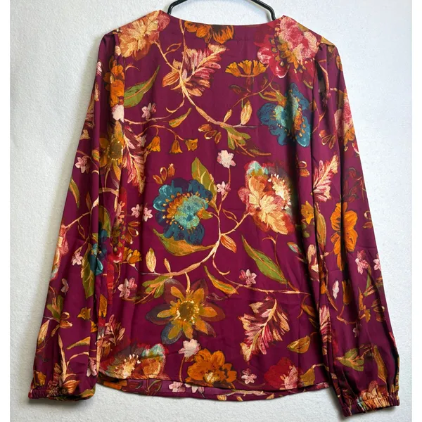 Belle Boho Kim Gravel Burgundy Floral V-Neck Blouse Long Sleeve S - Image 3