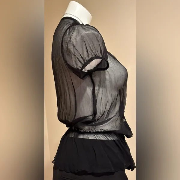 Buttons Just In Time Black Sheer Blouse With Ballon Short Sleeves With Jewel SZ - Image 3