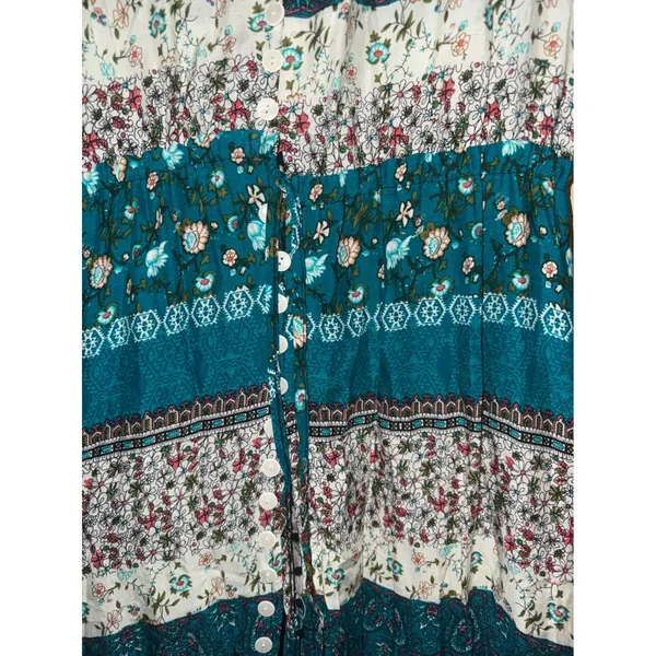Womens Teal‎ Floral Patchwork Boho Button Front Maxi Dress XXL Drawstring Artsy Blue - Image 2
