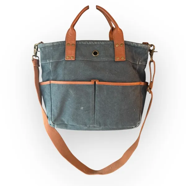 Levenger Bloomsbury Blue Canvas Bag with Brown Leather Accents - Image 2