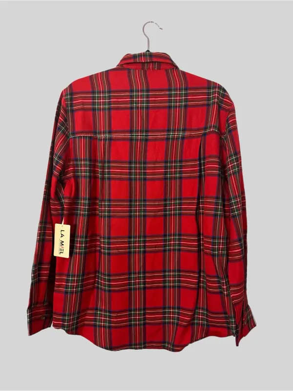 La Miel Plaid Oversized Shirt Red Button Front Long Sleeve Womens Small New - Image 6