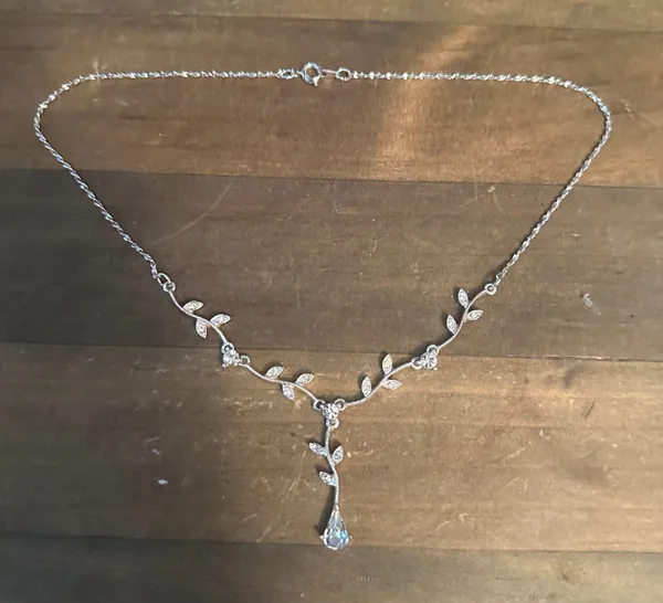 Vintage Silver Tone CZ Vine Y Necklace - Image 2