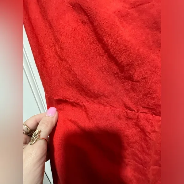 Anthropologie Red Linen Blend Off Shoulder Midi Dress Draped Neckline Slit XS - Image 5