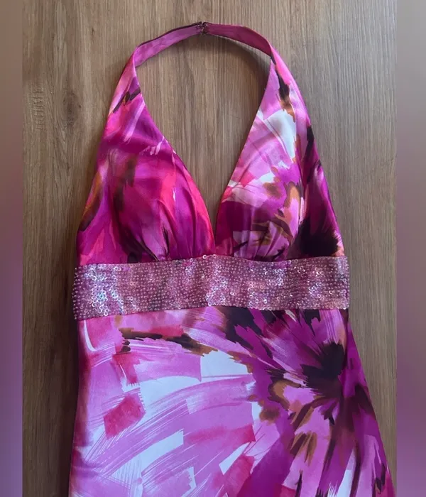 Morgan & Co Pink Floral Maxi Dress 5/6 Y2K Halter Sequin Formal Prom Gown - Image 3
