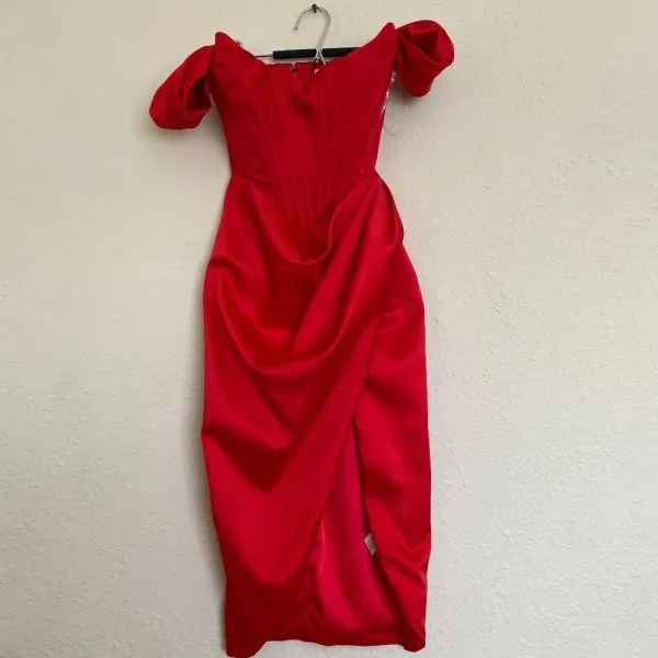 HOUSE OF‎ CB 'Loretta' Red Satin Off Shoulder Dress/Size XS NWOT - Image 6