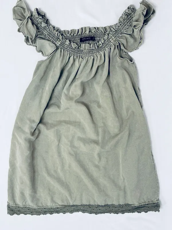 Smocked Off Shoulder Mini Dress - Army Green - S - Image 9