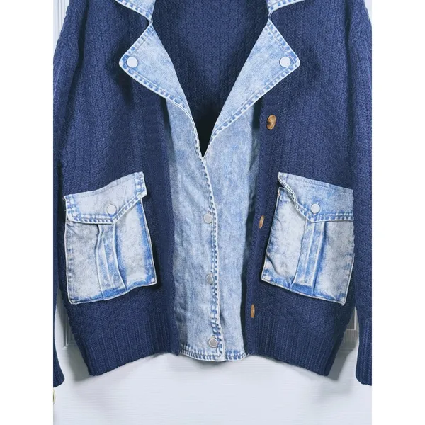 BLANK NYC Chunky Knit Denim Sweater Jacket Womens S Trucker Indie 90s Scandi - Image 7