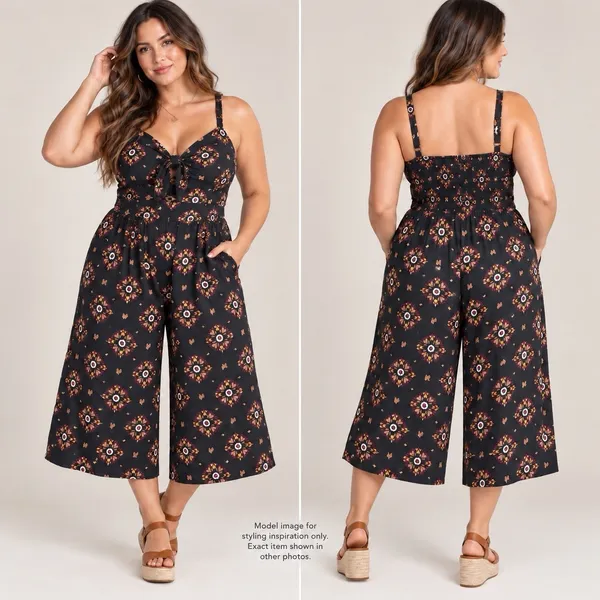 Torrid Jumpsuit Womens XL Black Batik Sun Tie Front Culotte Rayon Boho Festival - Image 2