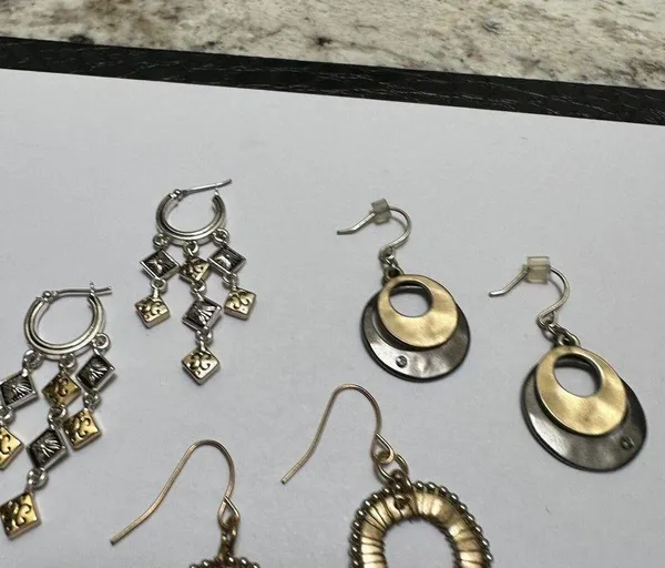 Lot Of 3 Women’s Two Tone Metal Pierced Earrings Dangle Drop - Image 2