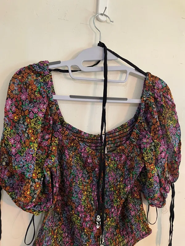 Free People Floral Puff-Sleeve Crop Top in Multi Colors - Image 5