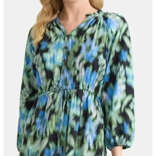Time and Tru Womens Mini Dress Sz M Floral Ikat Black Ruffle Neck Boho Vacation - Image 5