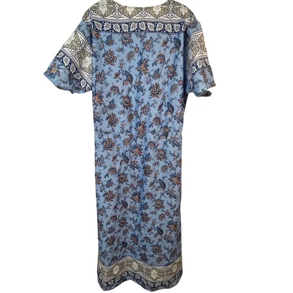 Blue Paisley Floral Bohemian Maxi Dress V-Neck Elastic Waist Short Sleeve - Image 2
