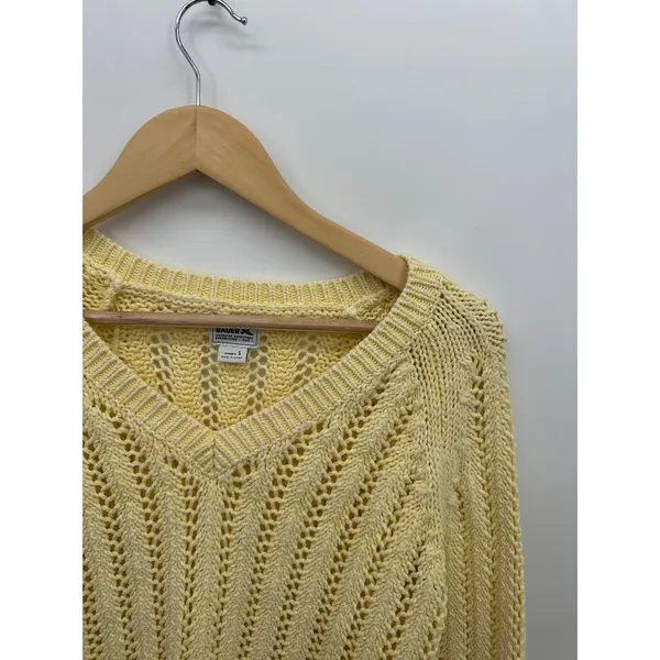 Eddie Bauer Womens S Butter Yellow Open Knit V Neck Sweater Coastal Pointelle - Image 6
