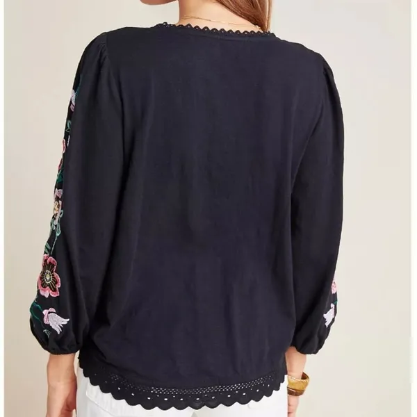 Anthropologie -531‎ Helene Embroidered Peasant Blouse Black Floral Size Small - Image 7