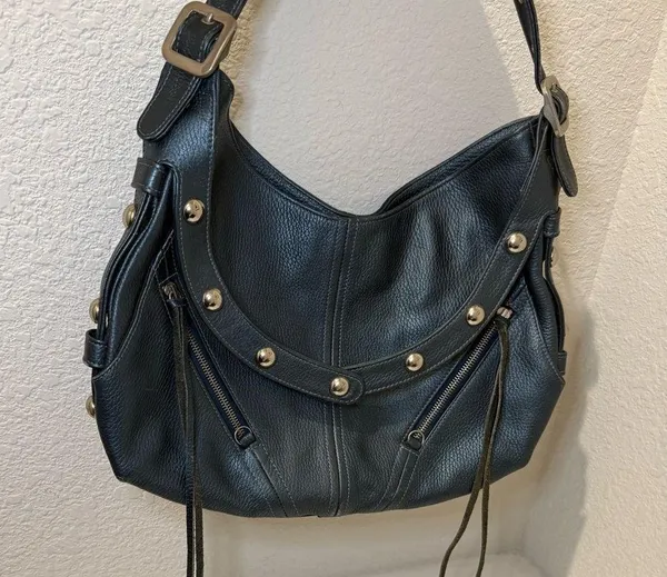 Botkier TRIGGER Mermaid Blue Moto Leather Hobo Shoulder Bag Studded Fringe - Image 2
