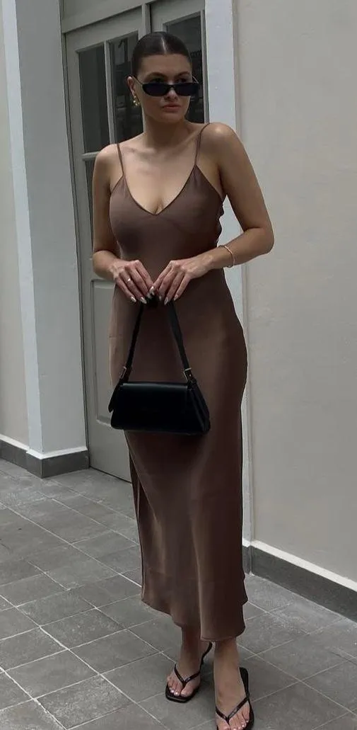 ZARA dress midi maxi satin wedding lingerie chocolate brown party cocktail - Image 6