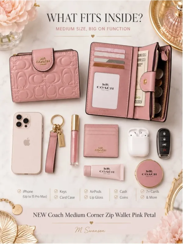 NEW Coach Signature Leather Medium Corner Zip Wallet Pink Petal CZ341 NWT - Image 5
