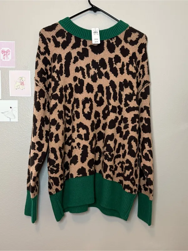 Aerie nwt oversized small trendingLeopard-Print Crewneck Sweater with Green Trim - Image 2