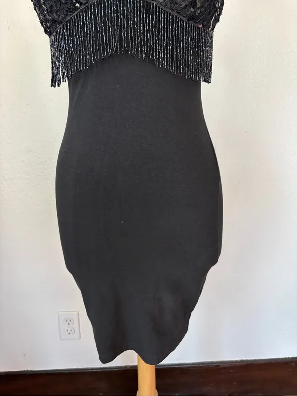 Vintage Black Beaded Fringe Mini Bodycon Dress - Image 3