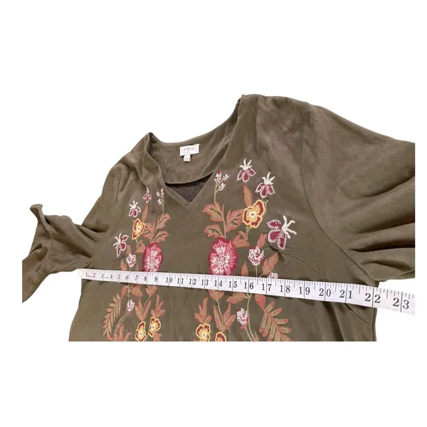 Umgee Boho Dark Green Floral Embroidered Faux Suede‎ Ruffle Sleeve Tunic Dress L - Image 6
