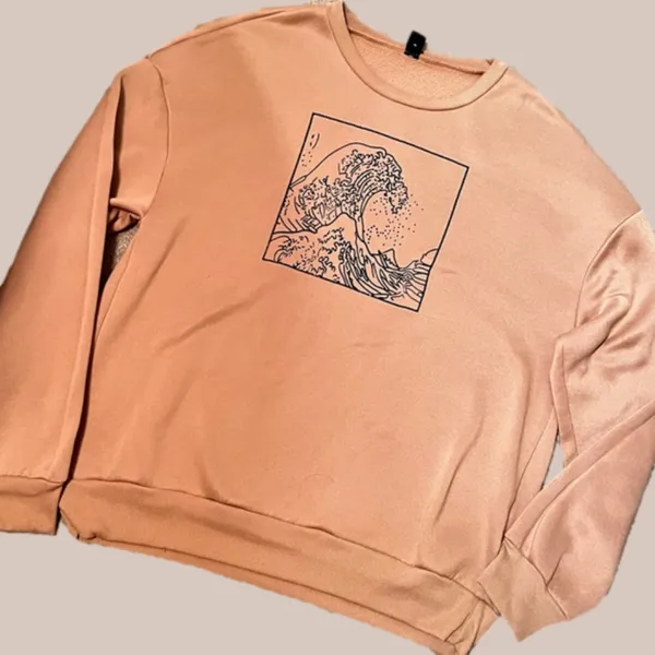 SHEIN Great Waves Khaki Graphic Printed Oversized Fleece Sweatshirt - Image 6