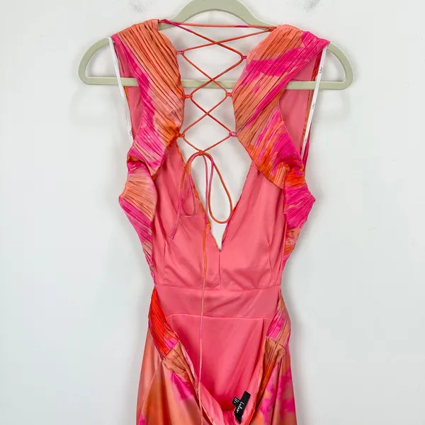 Lulus Dedra Pink and Orange Abstract Pleated Maxi Dress Formal Satin Large NWT - Image 9